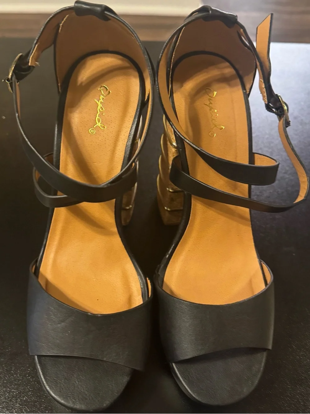 Qupid Black Platform Sandals with Cork Block Heel and Gold Accents